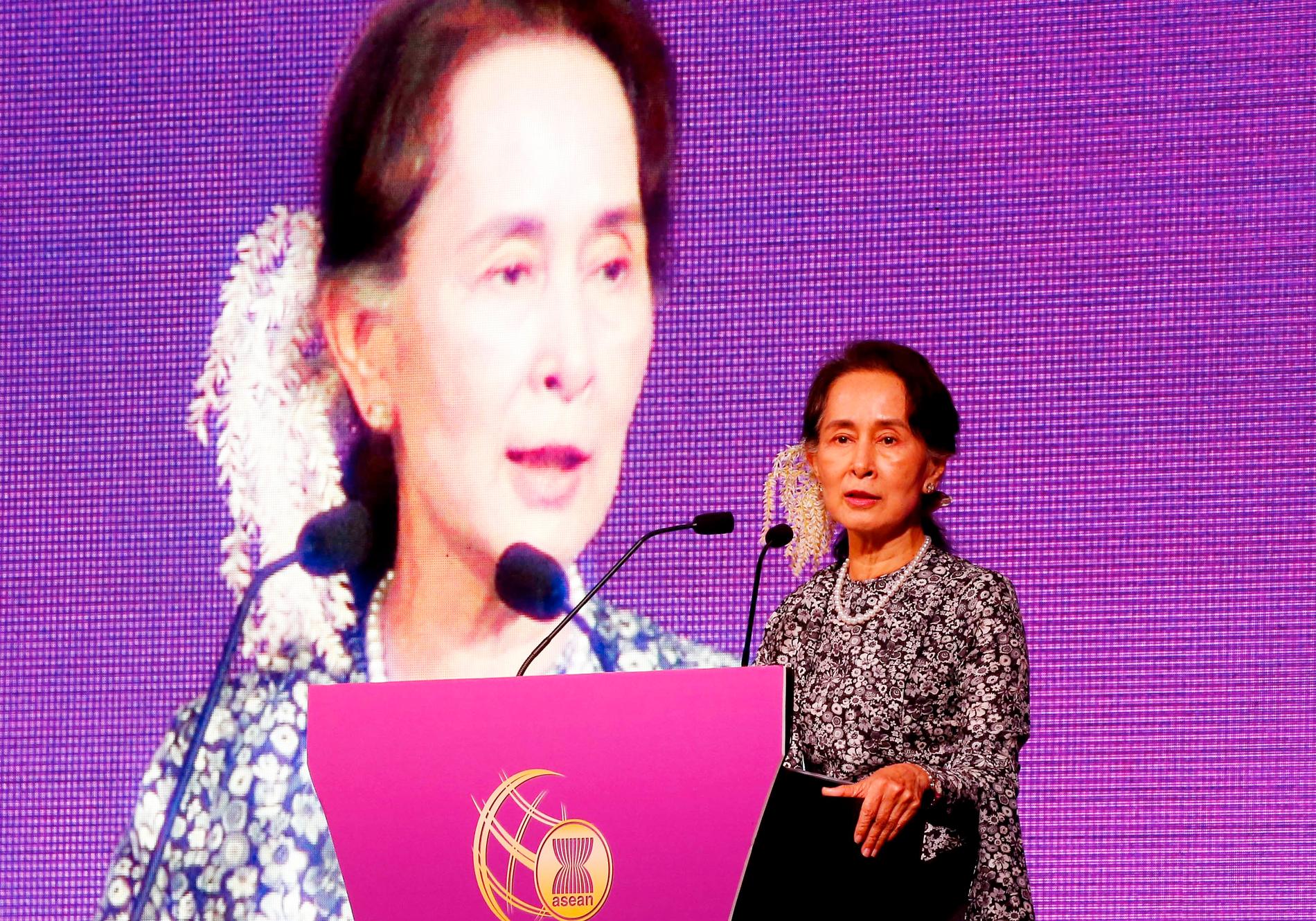 Myanmars störtade leader Aung San Suu Kyi, fotograferad i Singapore 2018.