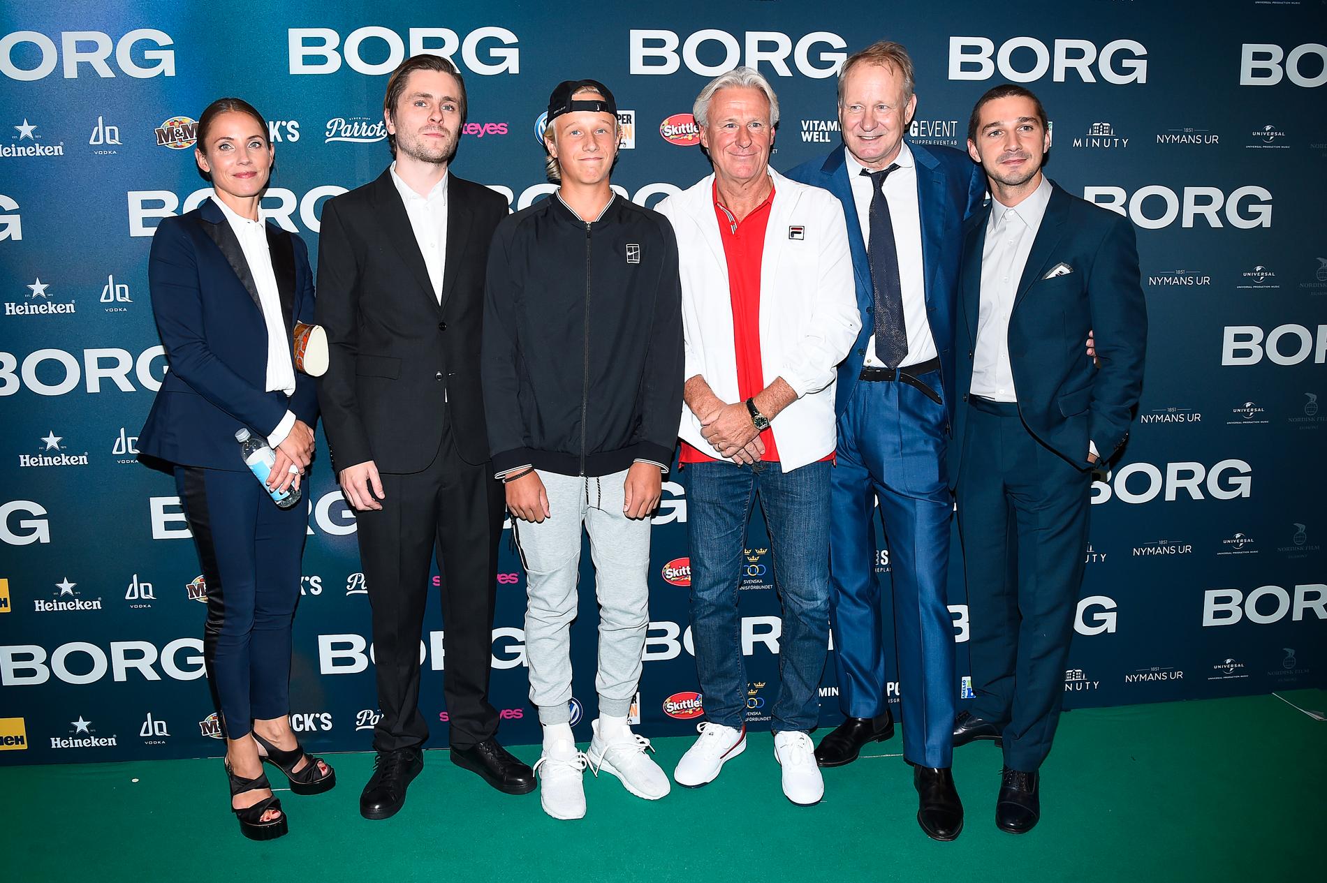 Tuva Novotny, Sverrir Gudnarson, Leo Borg, Björn borg, Stellan Skarsgård och Shia LaBeouf på filmpremiär av Björn Borg filmen. 