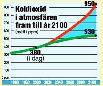 Koldioxidhalten kommer att stiga till mellan 530 och 950 ppm fram till år 2100, tror forskarna.