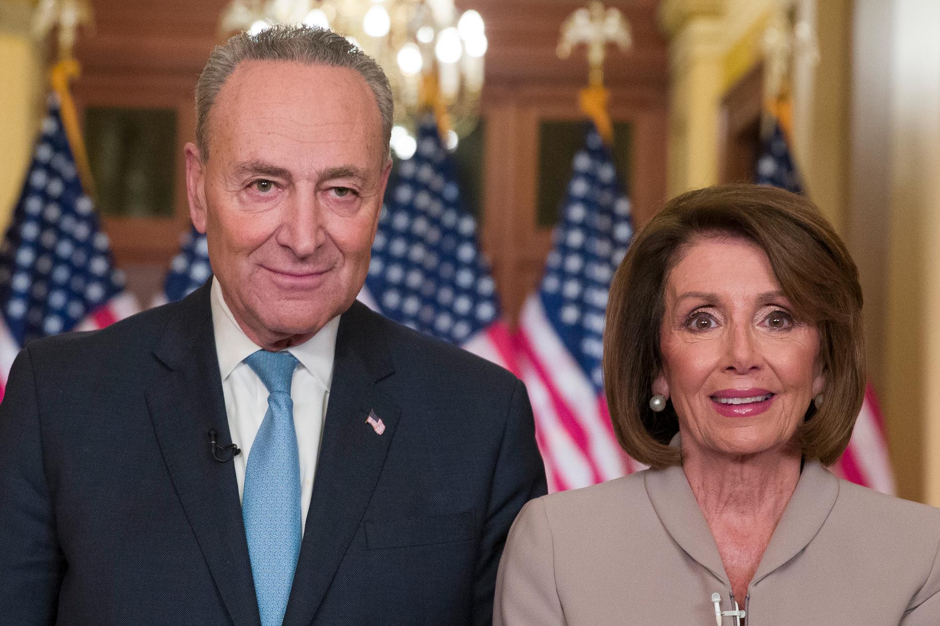 Senatens minoritetsledare Chuck Schumer och representanthusets talman Nancy Pelosi den 8 januari, efter att president Trump hållit ett direktsänt tal till nationen där han hävdade att kris råder vid USA:s södra gräns.