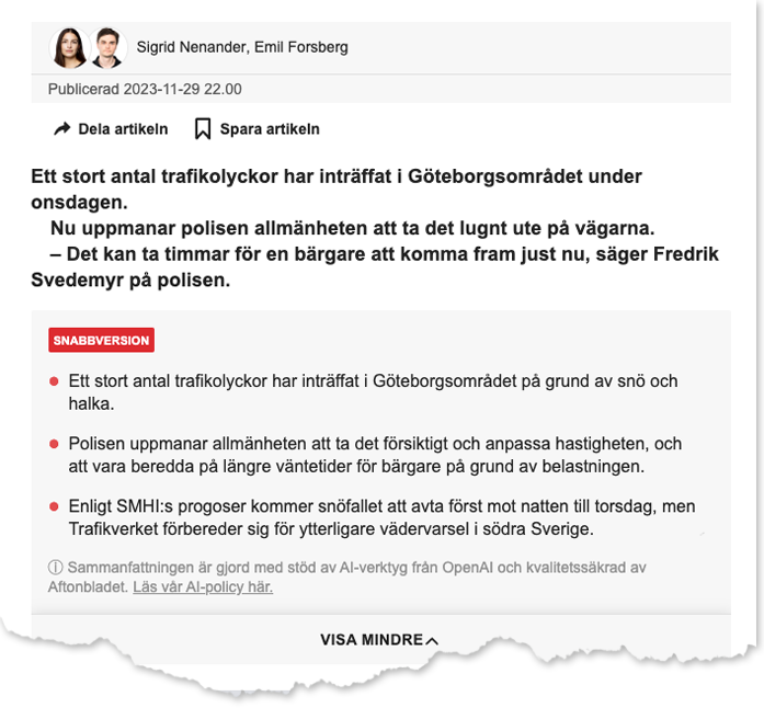 Ett exempel på AI-genererade artikelsammanfattningar i Aftonbladets artiklar.