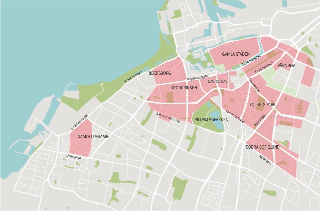 Större delen av Malmö saknar möjlighet till boendeparkering. De röda områdena visar var boende kan söka tillstånd för att kunna parkera billigare.