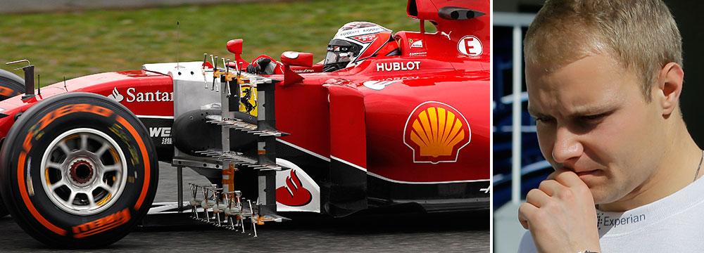 Kimi Räikkönen och Ferrari-bilen imponerade under F1-testerna. Williamsföraren Valtteri Bottas (höger) är dock skeptisk till stallet.