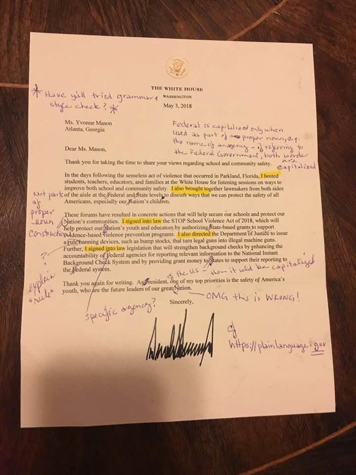 Hon fick ett brev signerat presidenten – fylld med en massa språkfel. 