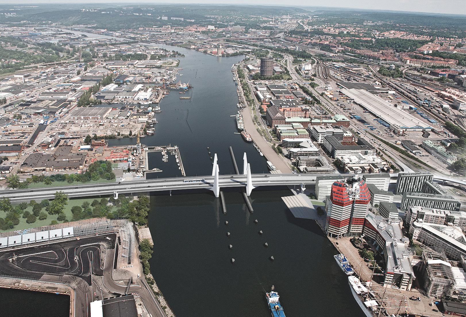 Bron med de fyra stålpylonerna kommer att bli ett nytt landmärke i Göteborg, vid sidan av kända profiler som Poseidon, Ullevi och Feskekörka. Visualisering som visar hur Hisingsbron i Göteborg är tänkt att se ut när den är klar 2021.