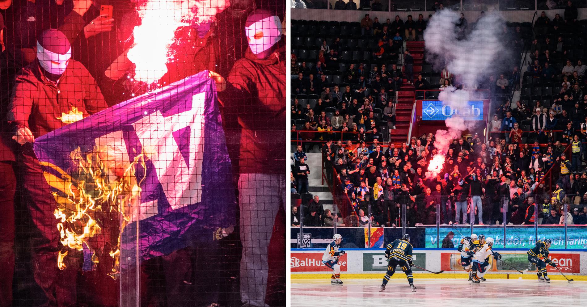 Supportrar brände flagga på läktaren i Södertälje.