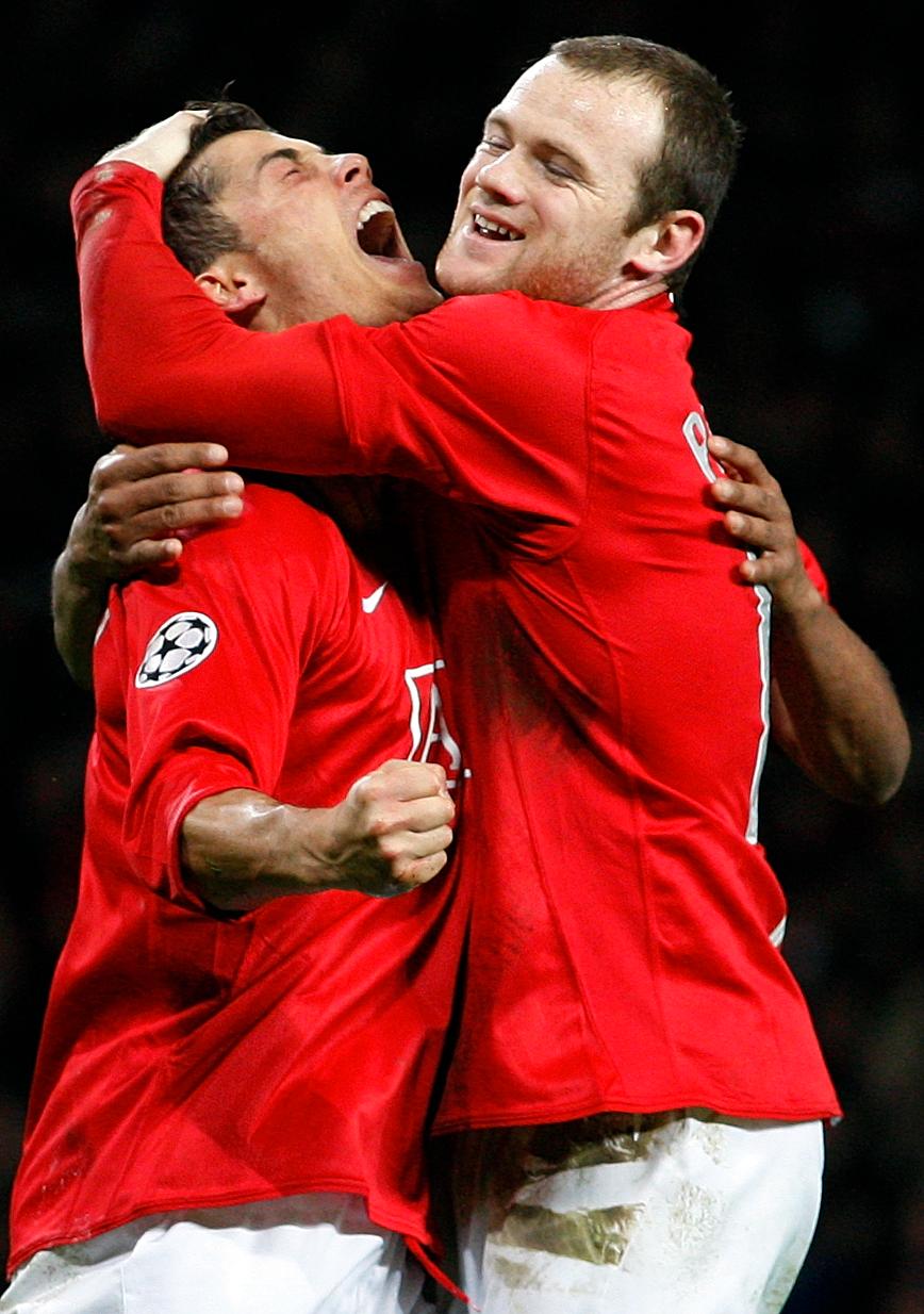 Ronaldo och Rooney firar ett mål i United. Tillsammans vann de tre ligatitlar och en Champions League-titel.