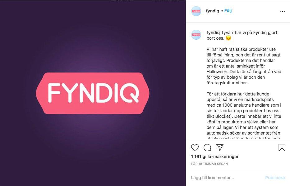 Fyndiq bad om ursäkt på Instagram.