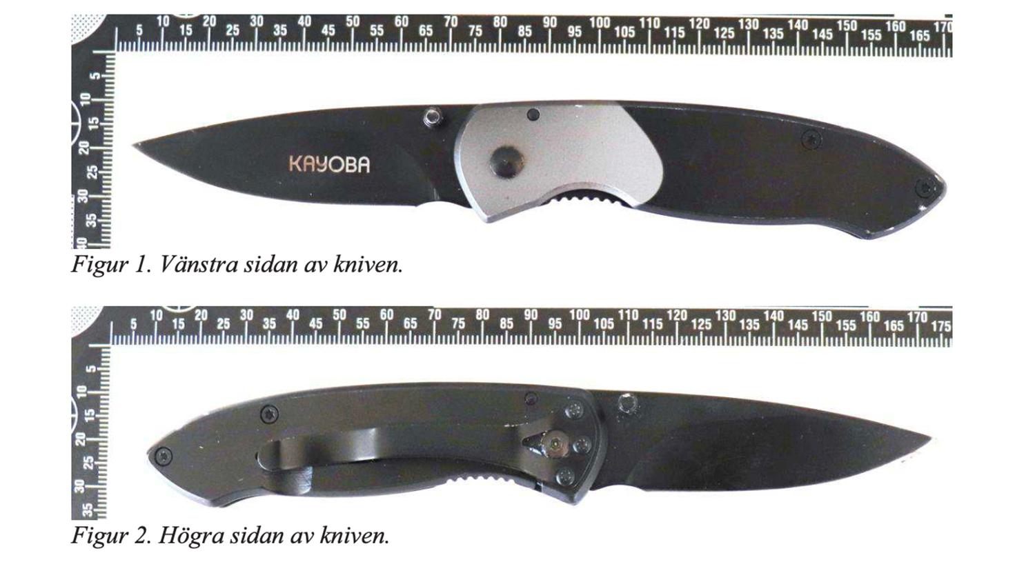 Kniven var av märket Kayoba och påträffades i utfällt läge på asfalten i närheten av attacken vid Hälla parkering i Västerås. Bild från förundersökningen.