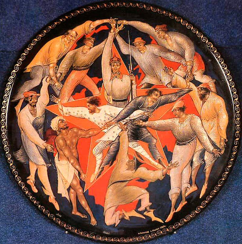 Tredje internationalen, allegorisk målning av Ivan Golikov, lackerad bricka, 1927.