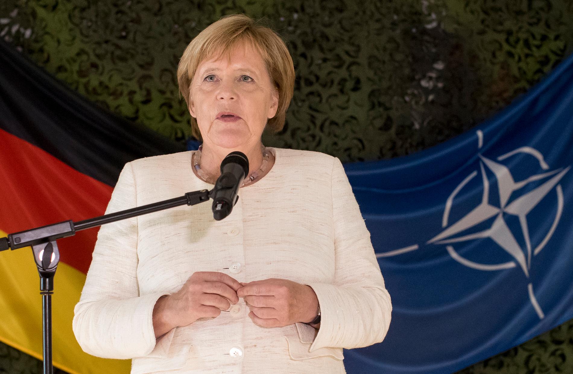 Tysklands förbundskansler Angela Merkel under ett tal till tyska Nato-soldater i september förra året.