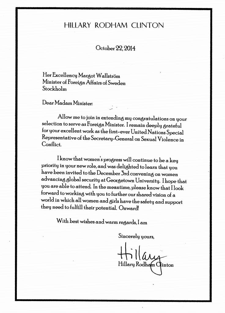 Hillary Clintons brev till Margot Wallström.