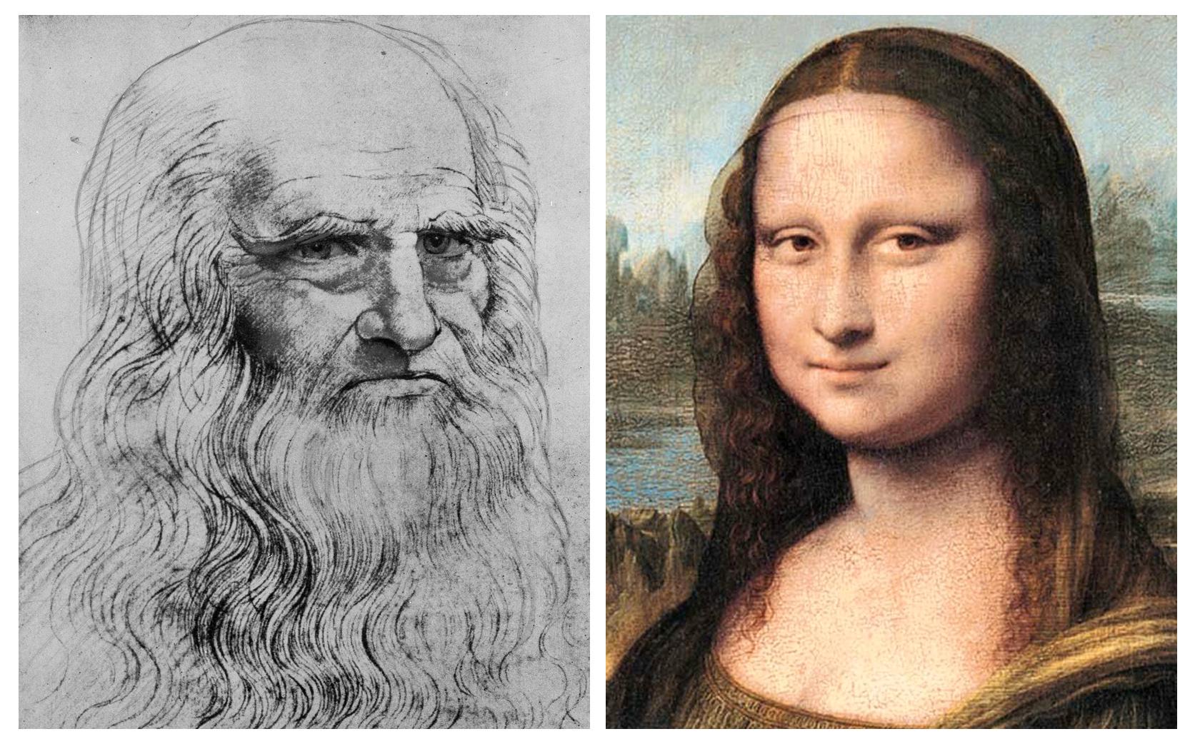Självporträtt på Leonardo da Vinci och hans målning av Mona Lisa