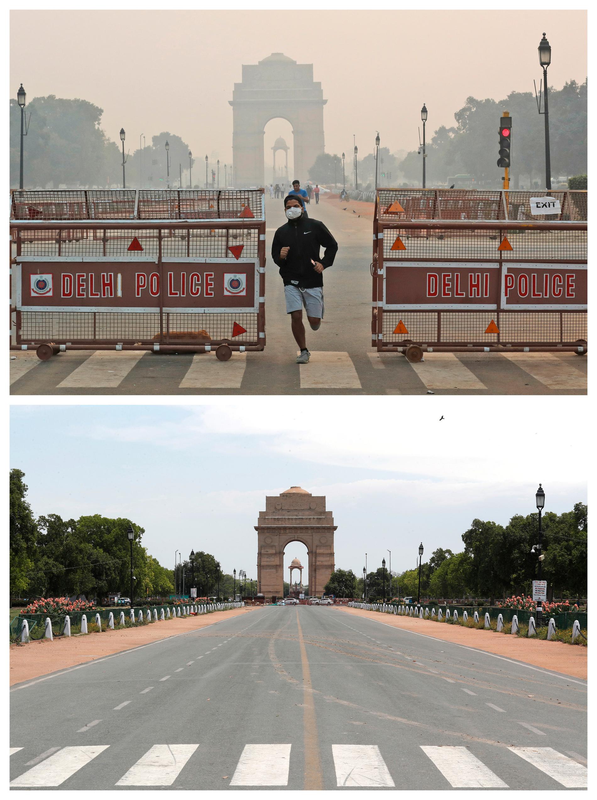 Den översta bilden på India Gate i Delhi är tagen i slutet av oktober 2019, den undre den här veckan, efter att restriktionerna i landet gällt i knappt en månad. Arkivbilder.