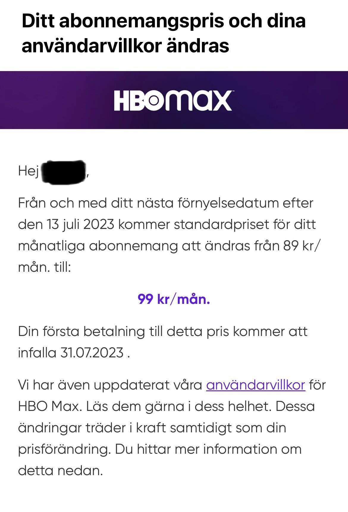 Mailet som gick ut till HBO Max-användare.