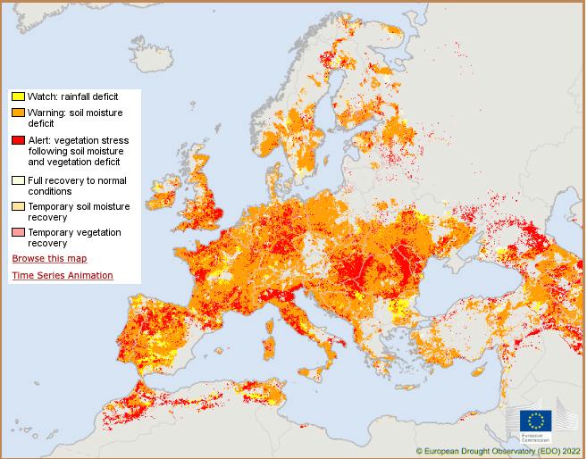 Kartan från Europeiska kommissionens observatorium för torka.