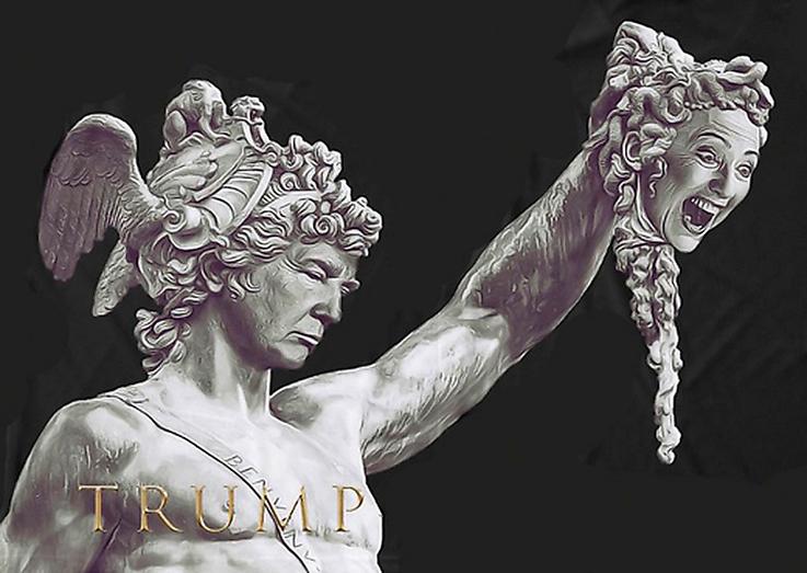 Under valkampanjen cirkulerade montage med Trump och Clinton som Perseus och Medusa efter Cellinis klassiska skulptur. Bild från ”Kvinnor & makt”.