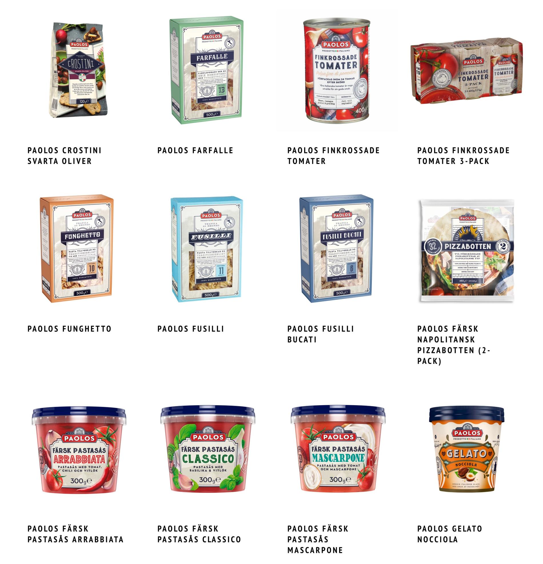 Några av produkterna under matmärket ”Paolos”. 
