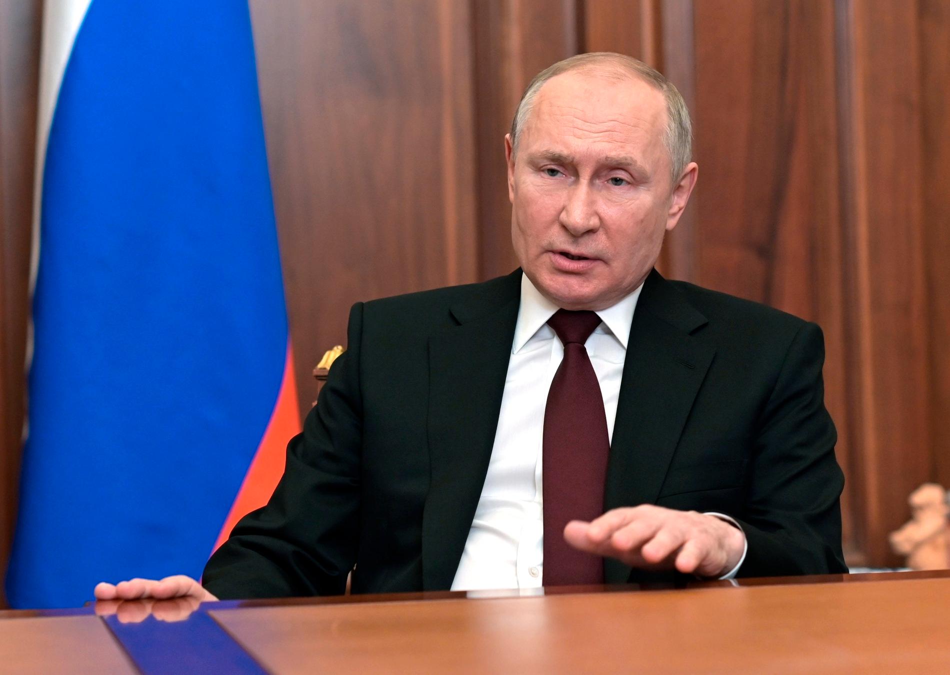 Rysslands president Vladimir Putin vid måndagens tal.