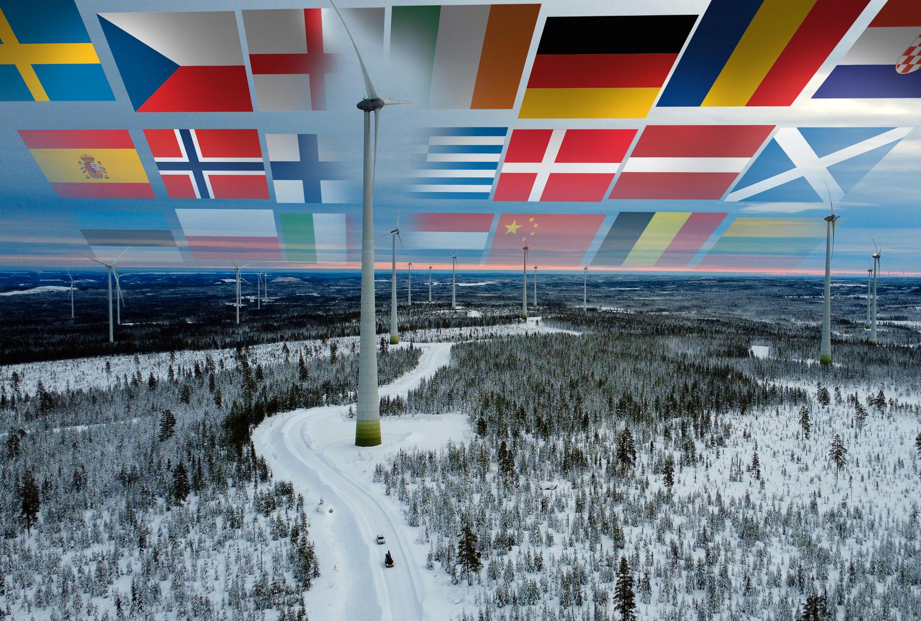 Aktörer från en rad länder är med och bygger Markbygdens vindkraftpark. Grafik: Paul Wallander