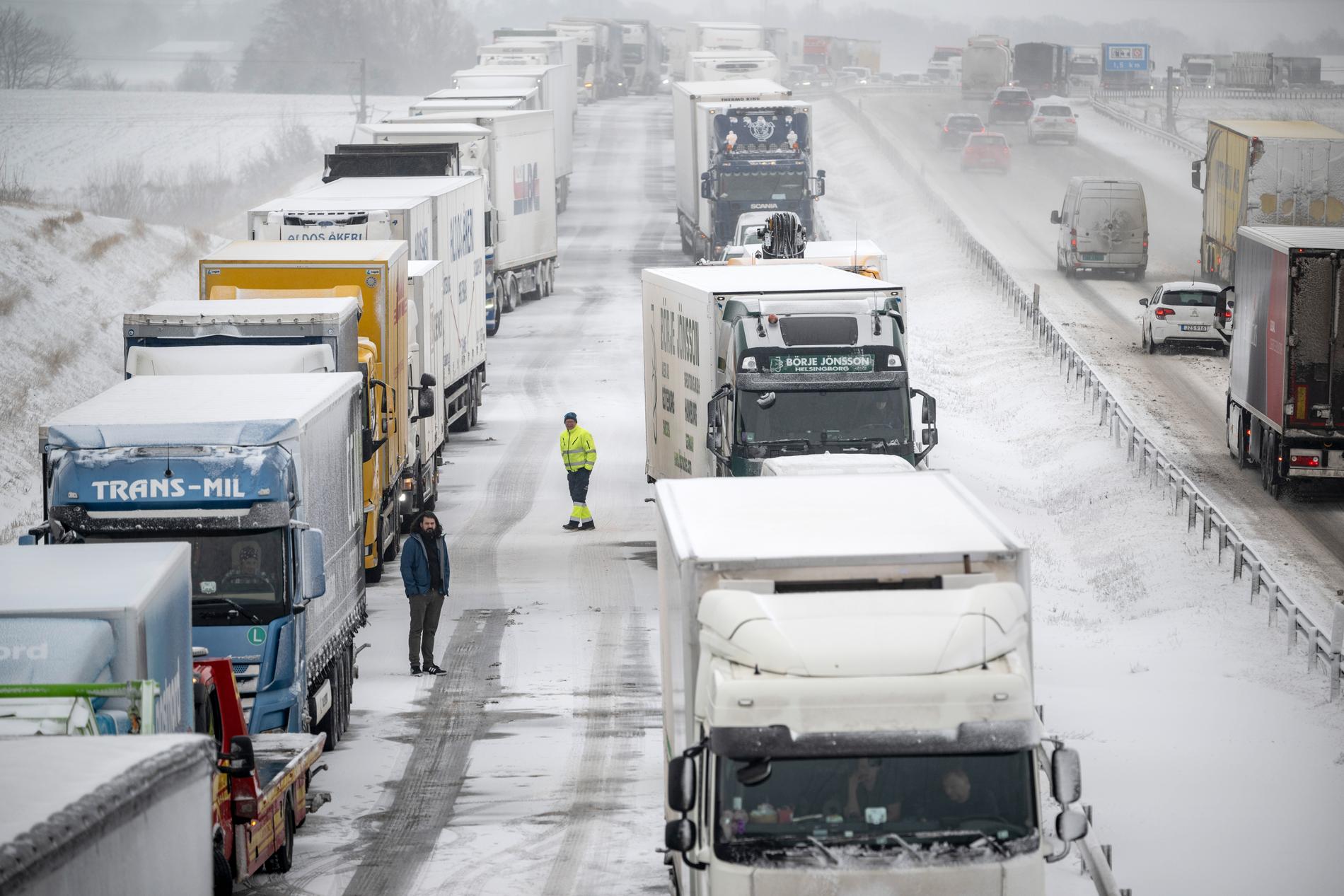Långa köer på E6 mellan Malmö och Helsingborg när ett nytt snöoväder drog in över sydvästra Sverige på onsdagen.