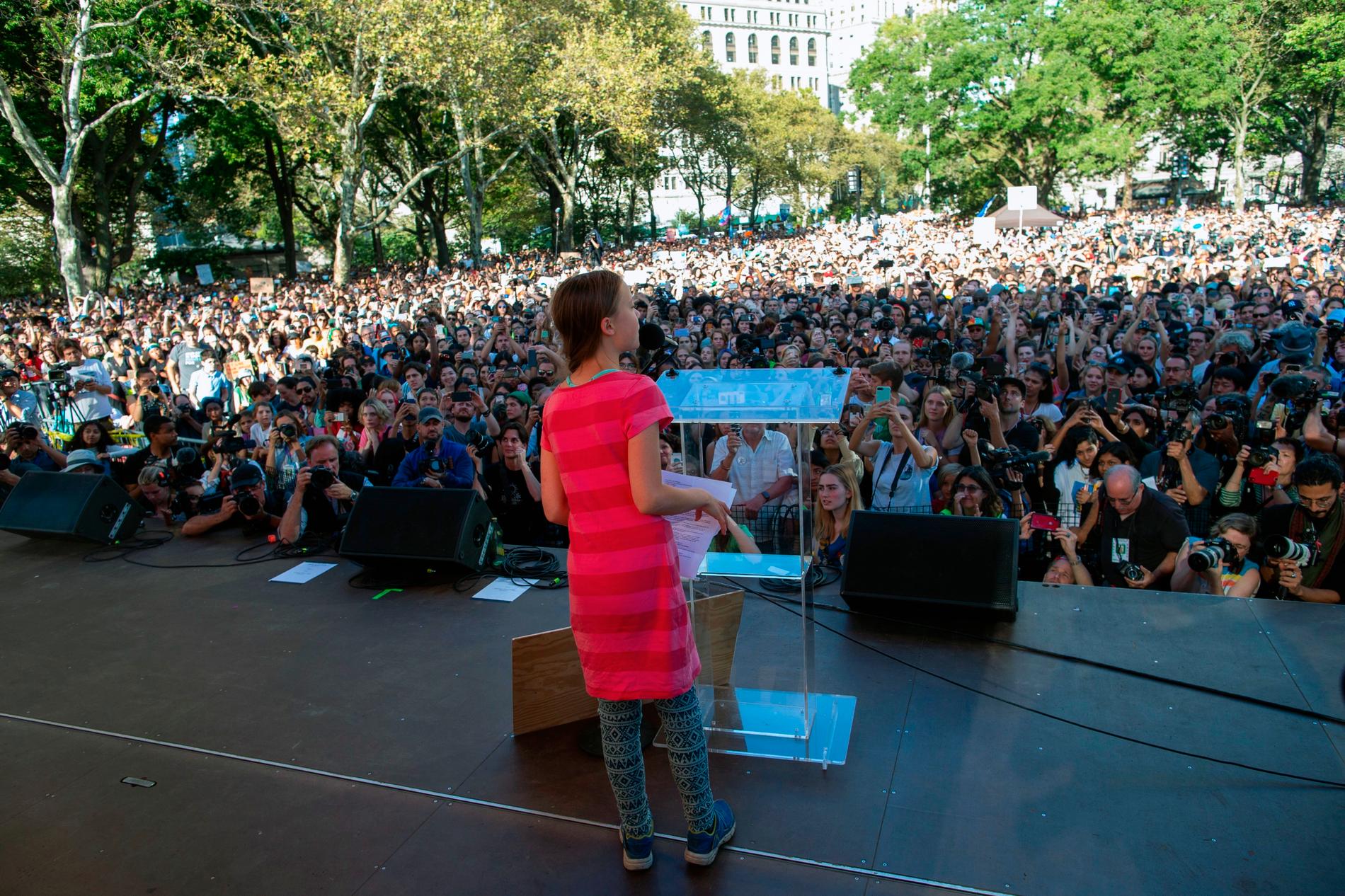 En enorm folkmassa samlades för att höra miljöaktivistens tal i Battery Park, New York.
