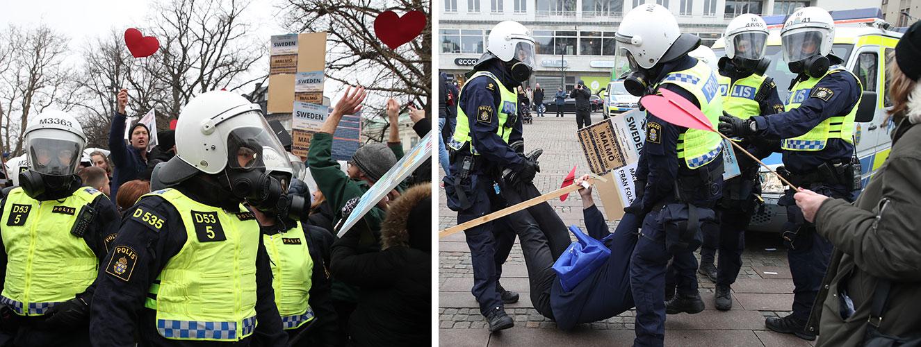 Polis och demonstranter i Malmö under lördagseftermiddagen.