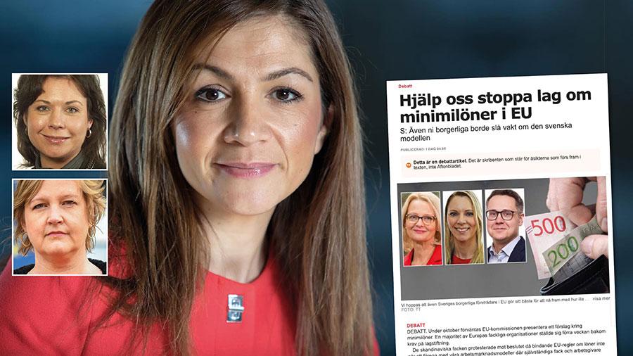 S påstående sprider en felaktig bild av svenska politikers inställning till minimilöner och försvagar den svenska ståndpunkten i förhandlingarna, skriver Gulan Avci, Tina Acketoft och Karin Karlsbro.