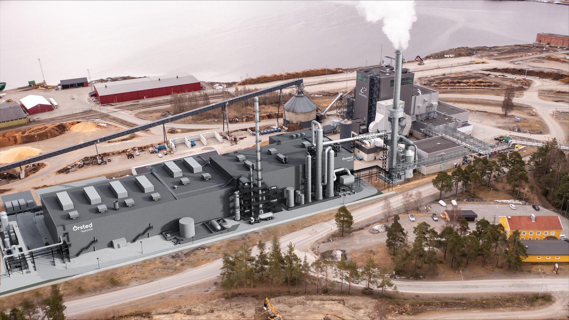Flagship One, Europas största anläggning för e-metanol, byggs i Örnsköldsvik. Så här är den tänkt att se ut när den är färdig. Pressbild.