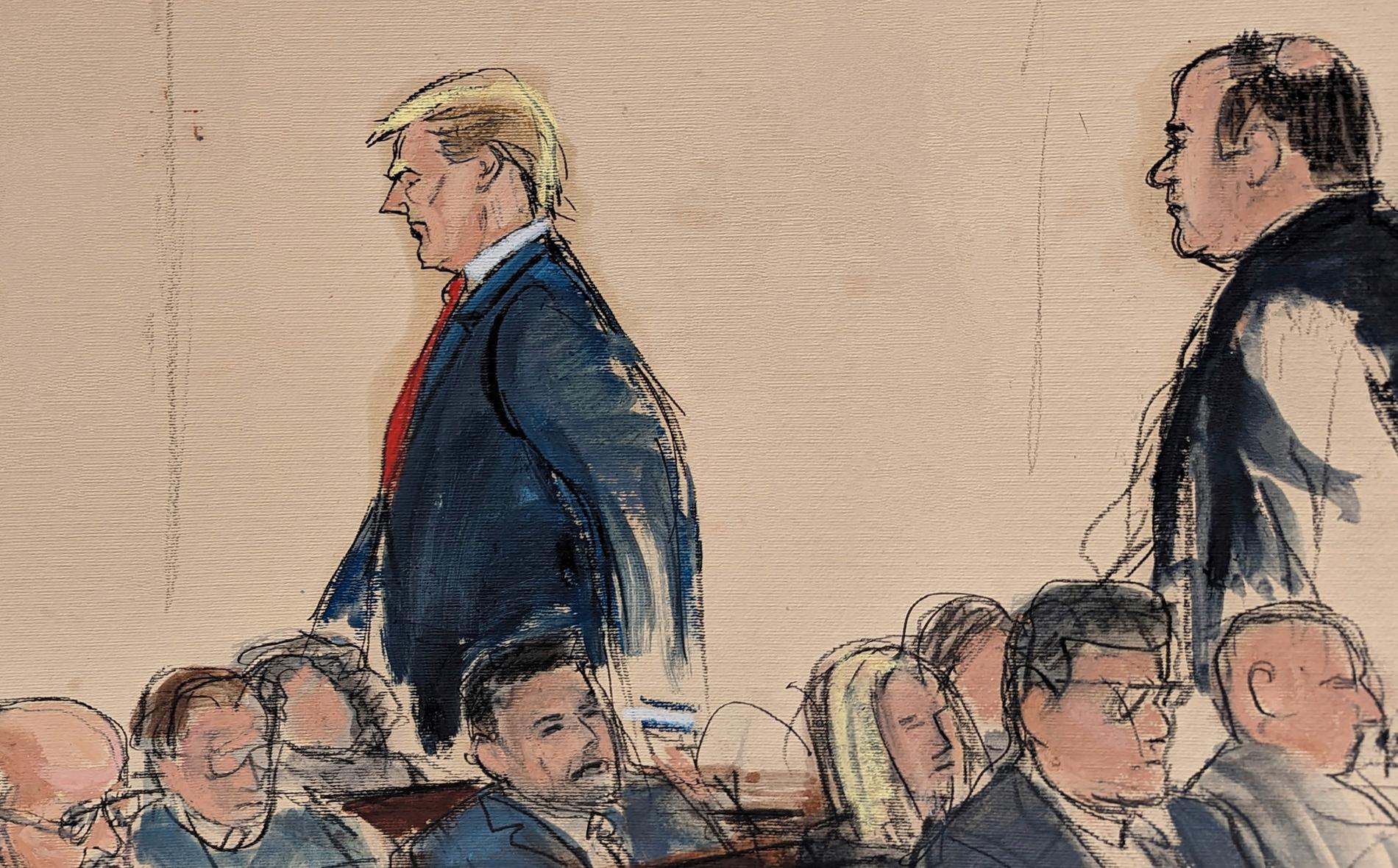 Trump på väg ut ur rättssalen, avbildad av AP:s tecknare.