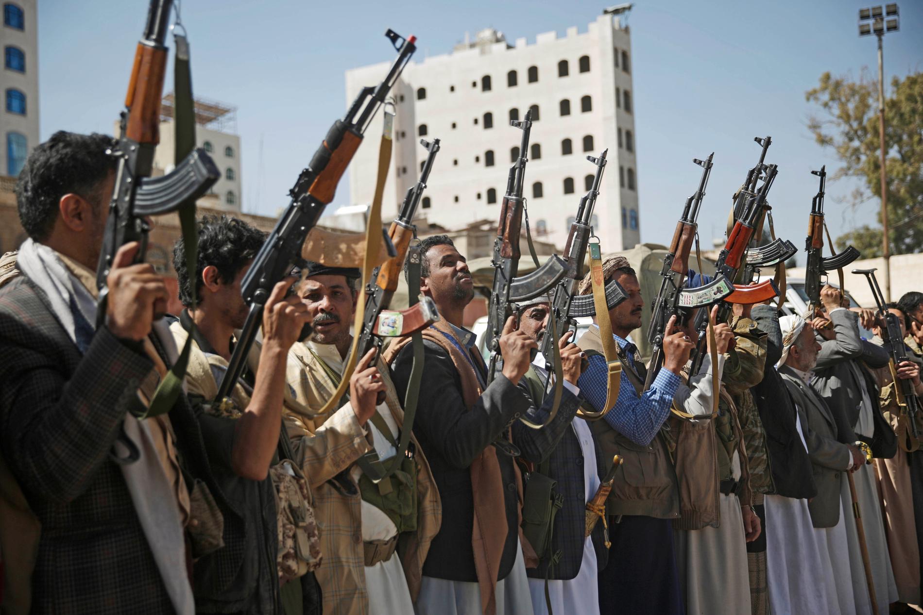 Huthisoldater samlade till ett evenemang i Sanaa i februari i år.