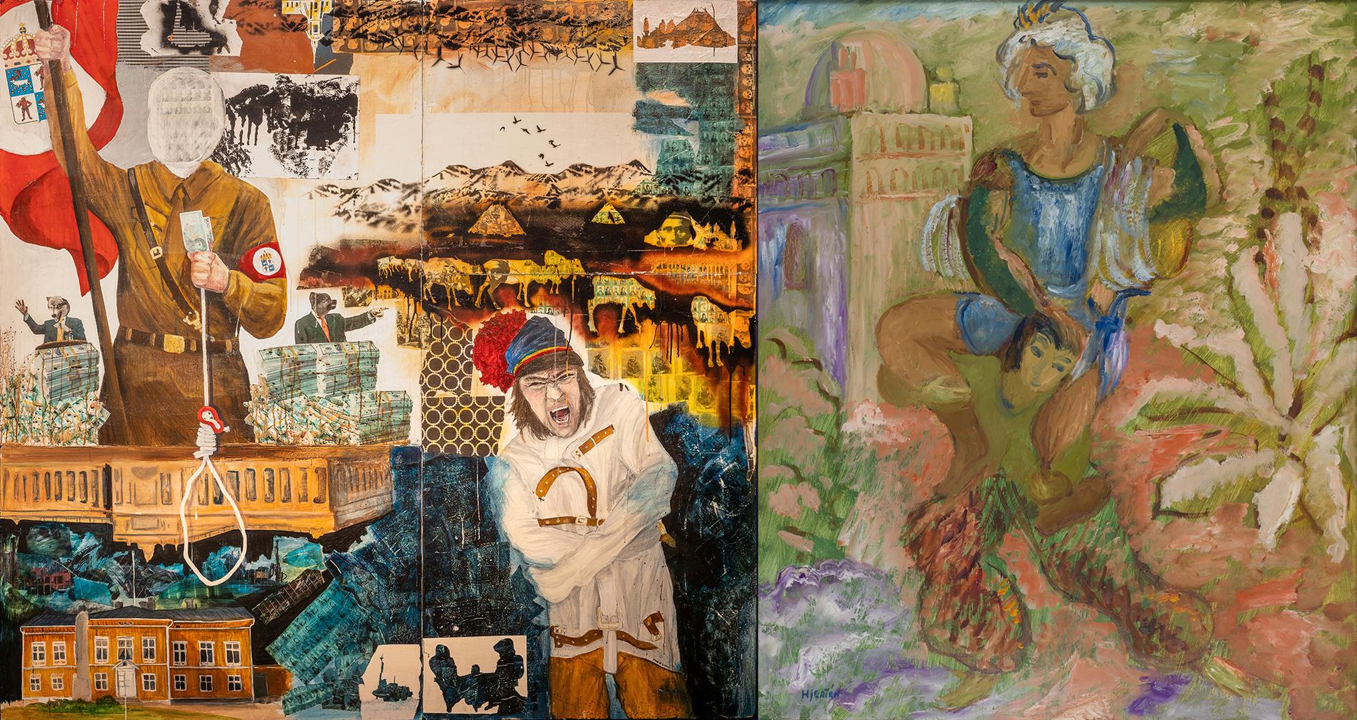 Till vänster: Anders Sunna, ”Indigenous Love”, 2008-2013. Till höger: Sigrid Hjertén, ”Ja, du är tung”, 1933. Stockholms stads konstsamling.