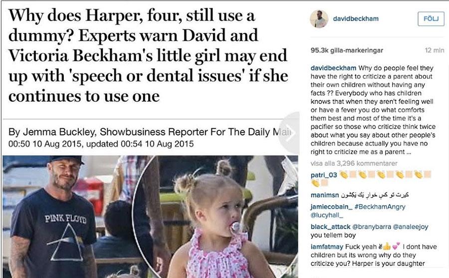 David Beckham ger på sitt Instagramkonto svar på experternas kritik i den omtalade tidningsartikeln.