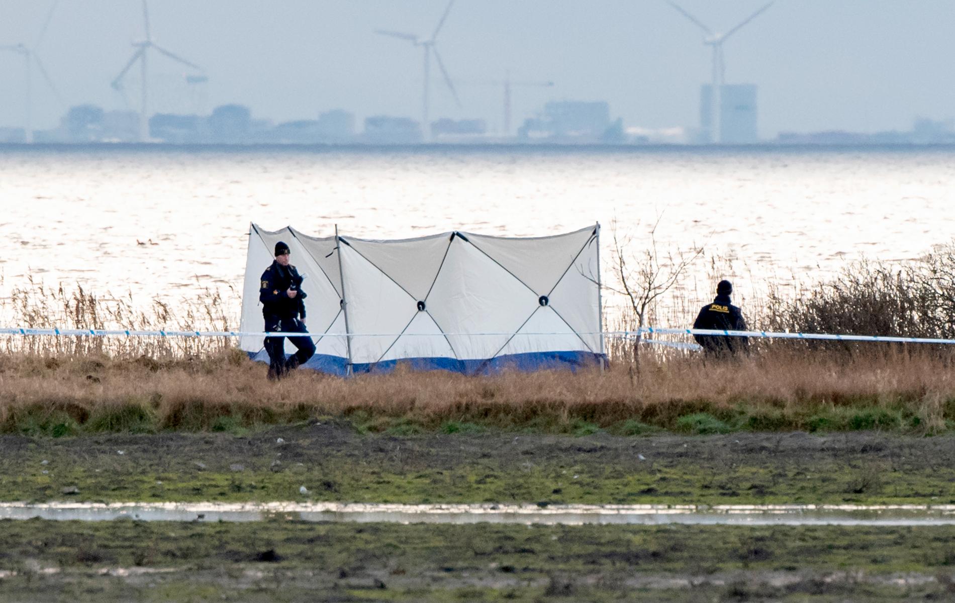 Kriminaltekniker arbetade hela lördagseftermiddagen på fyndplatsen vid Lundåkrabukten söder om Landskrona där en död person hittades.