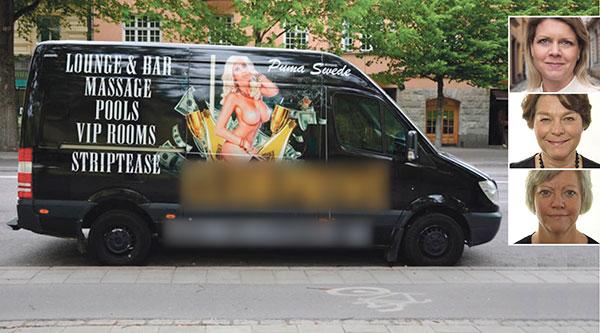 Dagligen solkar strippklubbarnas reklam gatubilden i Stockholm, skriver debattörerna Sofia Jarl, Solveig Zander och Annika Qarlsson.
