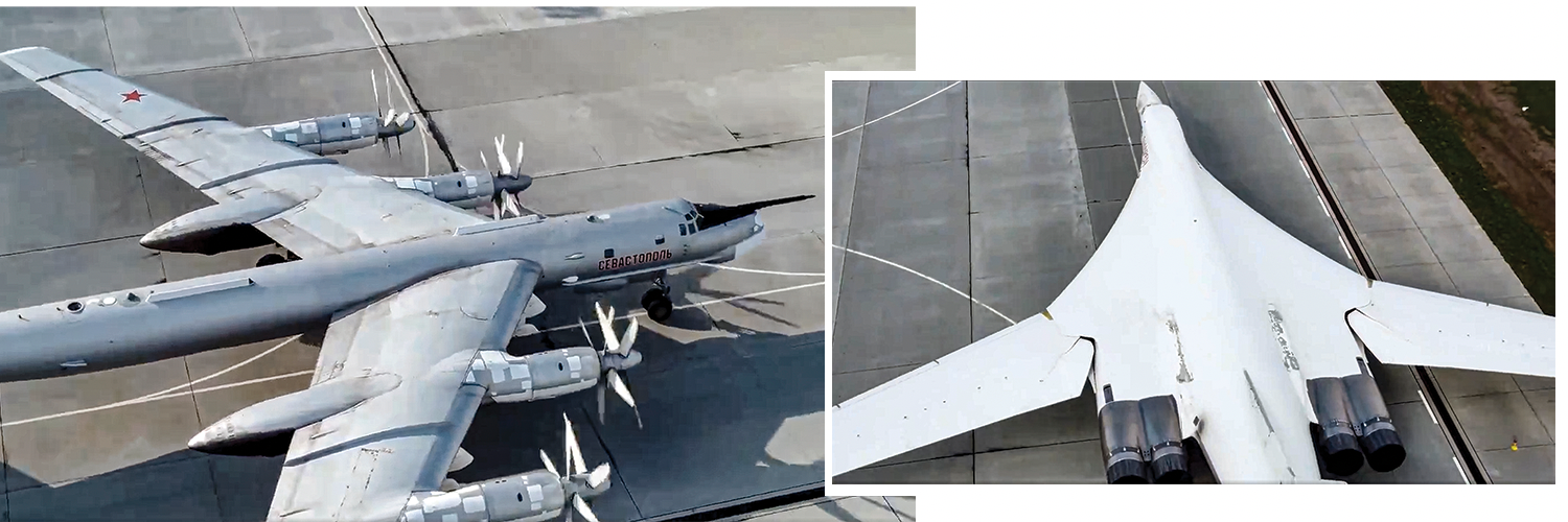 Till höger ett ryskt Tu-95 bombplan, till vänster en Tu-160. Bilderna är tagna vid flygbasen i Saratov vid ett tidigare tillfälle.
