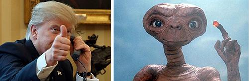 Donald Trump (till vänster) och filmrymdvarelsen E.T.