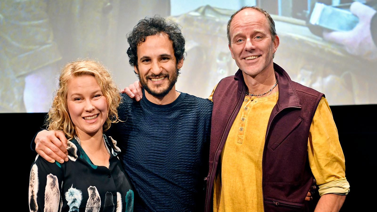 Skådespelaren Eva Melander, regissören Ali Abbasi och författaren John Ajvide Lindqvist, som skrev novellen som filmen ”Gräns” bygger på.