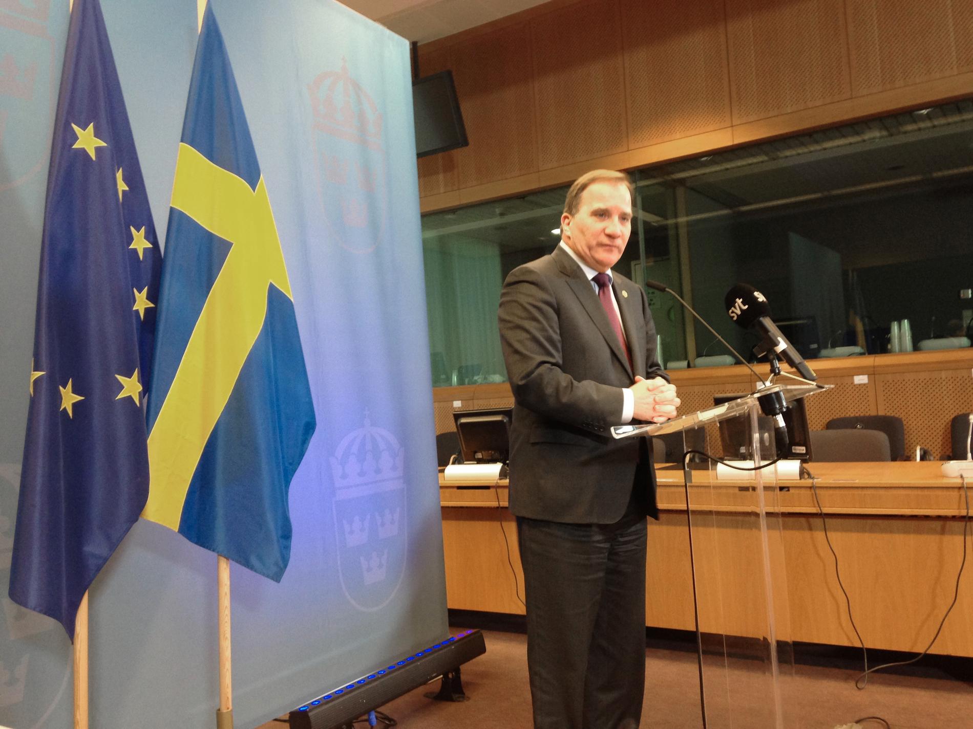 Statsminister Stefan Löfven håller presskonferens efter EU-toppmötet i Bryssel.