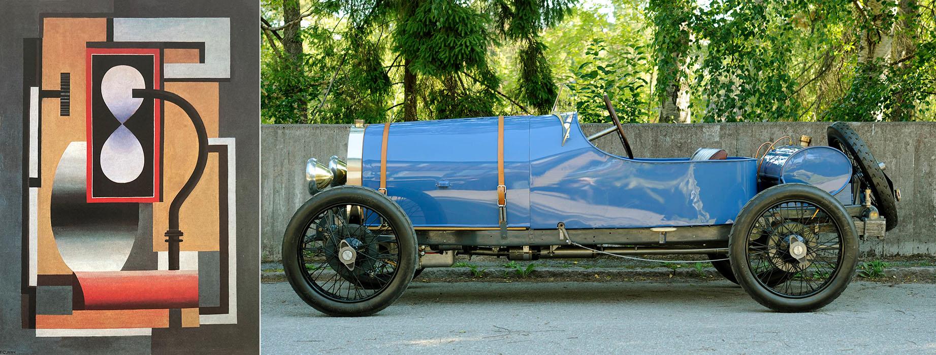 Till vänster Franciska Clausen, ”Komposition med rör”  (1926). Till höger Bugatti, modell 22 Brescia Modifié.