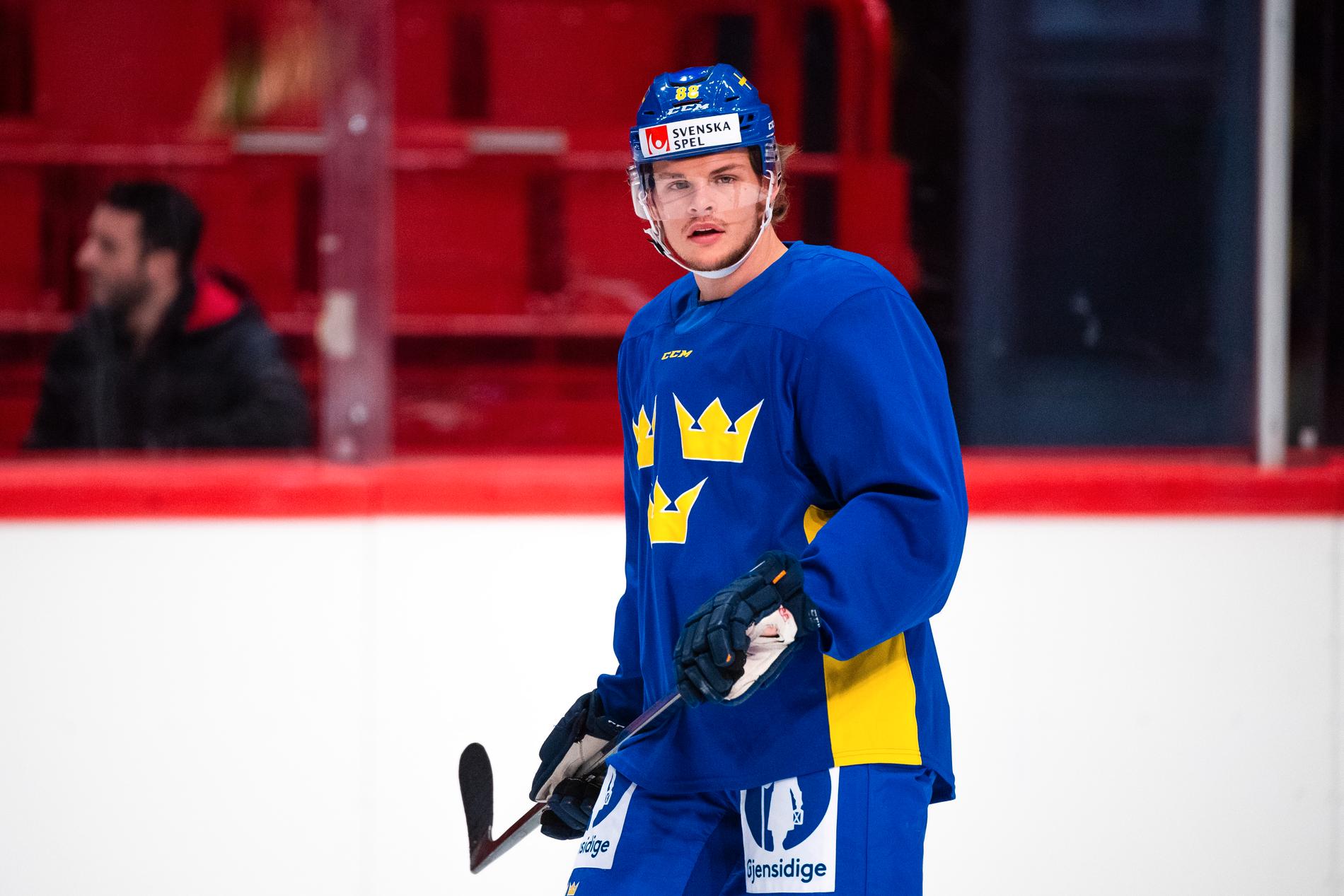 Malte Strömwall på Tre Kronors träning inför Beijer Hockey Games. 