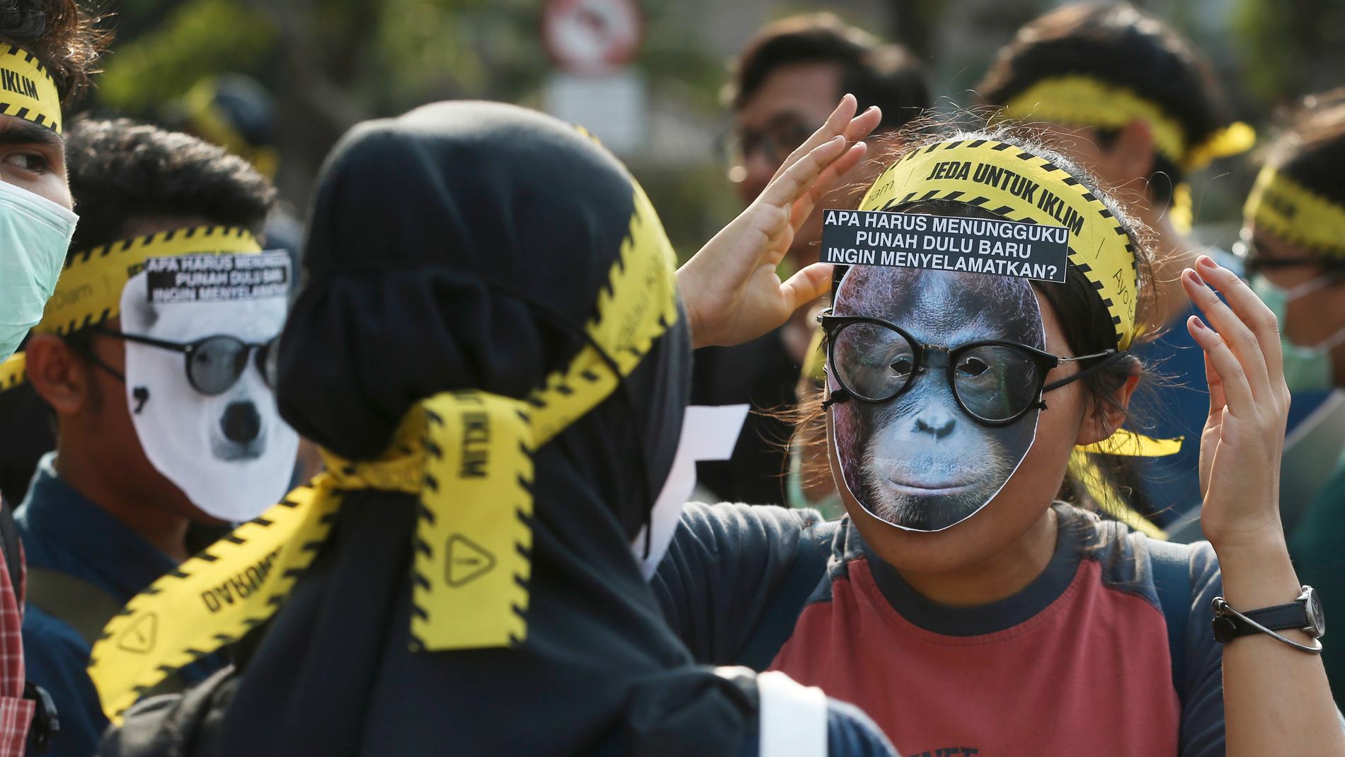 I Jakarta i Indonesien bär en demonstrant en orangutangmask med texten "Ska ni vänta på att jag ska bli utdöd för att rädda mig?" under en klimatstrejk på fredagen.