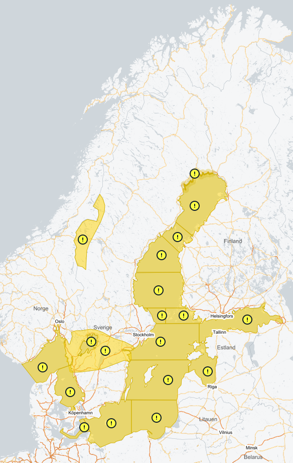 Vädervarningar över Sverige under torsdagseftermiddagen. 