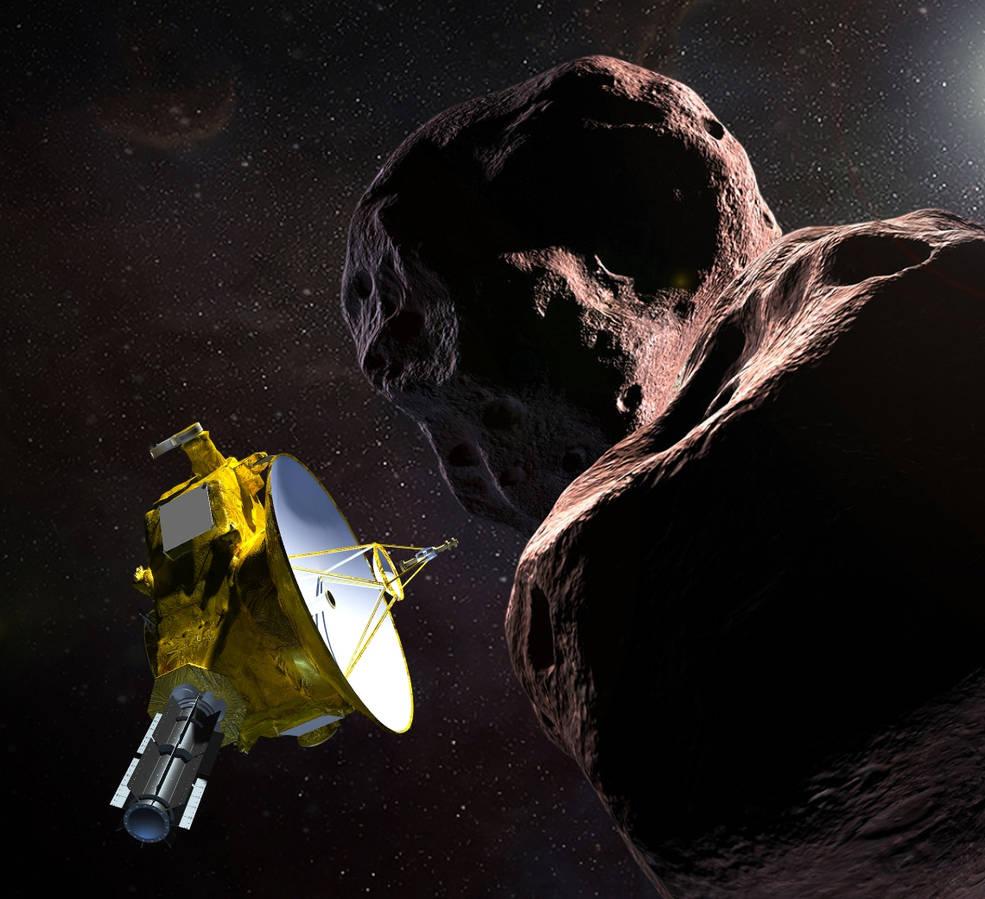 Nasas illustration av när rymdsonden New Horizons  kommer att passera rymdklippan 2014 MU69, mer känd som “Ultima Thule”.