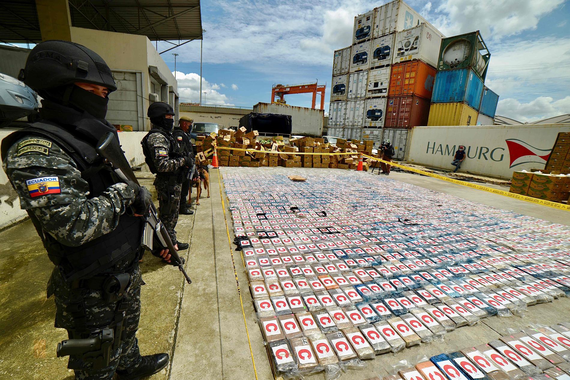 Narkotikapoliser står vakt vid kokainbeslag som gjordes i container som skulle frakta bananer. 