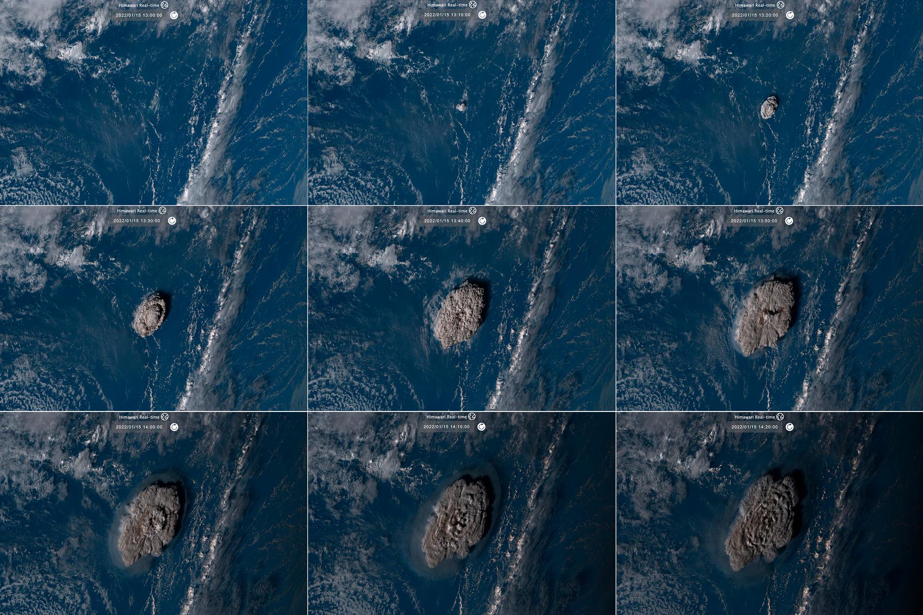Bilder från den japanska vädersatelliten Himawari-8, som visar hur vulkanutbrottet reser sig ur havet.