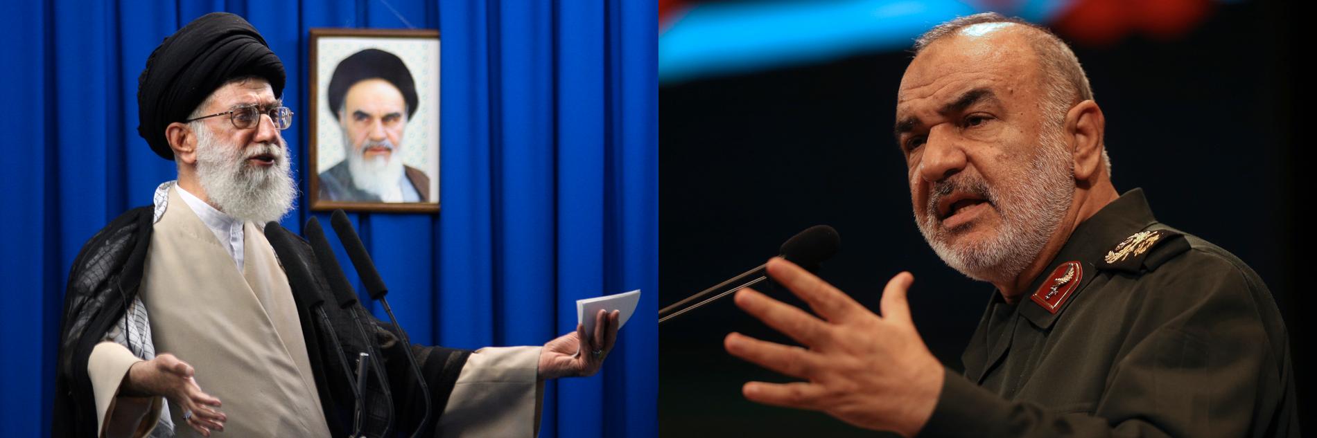 Irans högste ledare Ali Khamenei och av EU sanktionsdrabbade general Hossein Salami (till höger). Montage/Arkivbild.