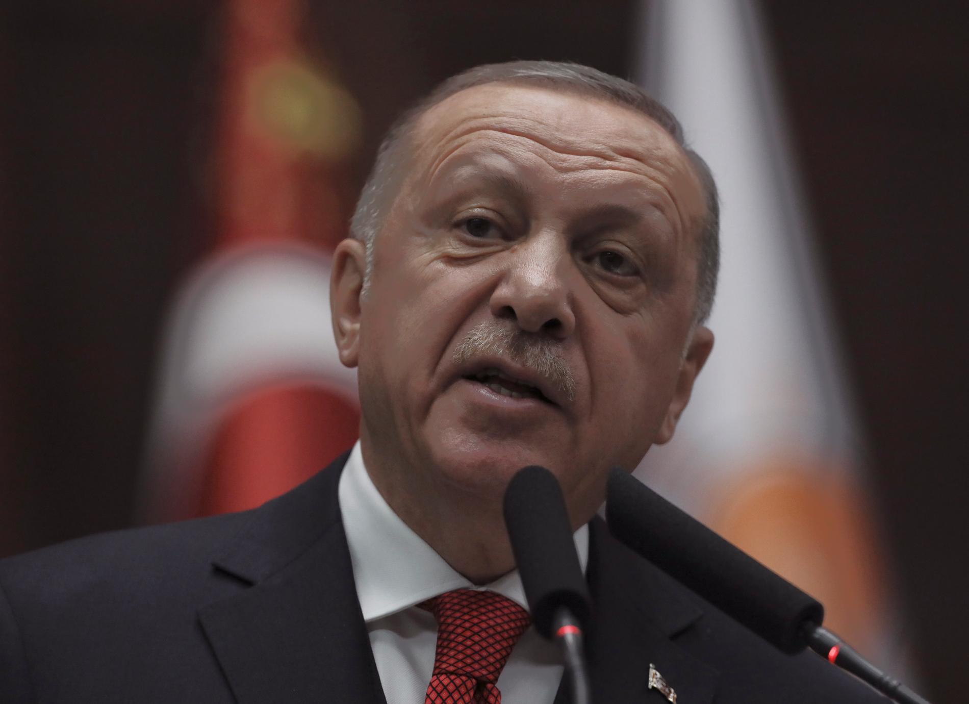 Turkiets president Recep Tayyip Erdogan under ett tal i Ankara i tisdags.