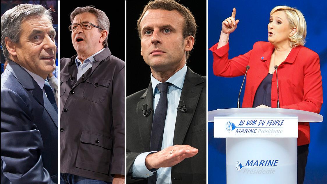 Presidentkandidaterna François Fillon, Jean-Luc Mélenchon, Emmanuel Macron och Marine Le Pen.