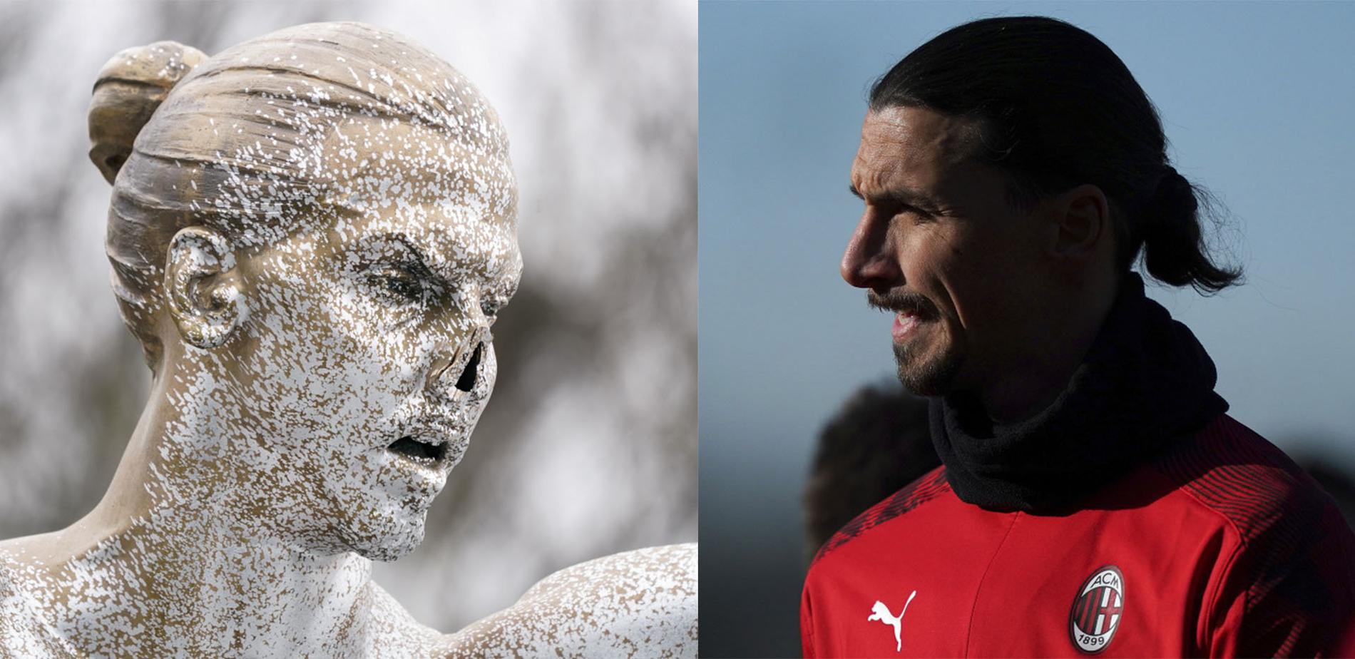 Zlatan Ibrahimovics vandaliserade staty – på väg till Milano? Bilden är ett montage.
